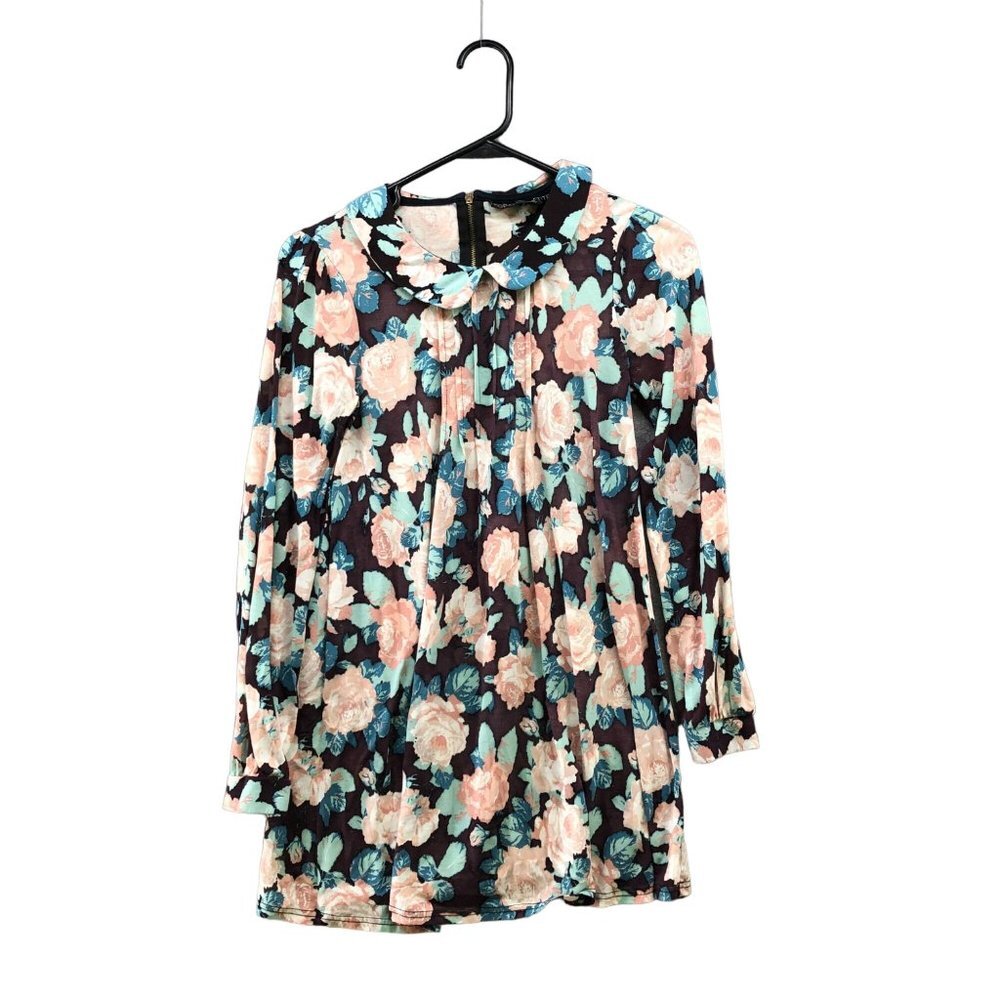 Topshop Mini Dress Size 4 Long Sleeve Floral Peter Pan Collar Pink Tunic Dainty